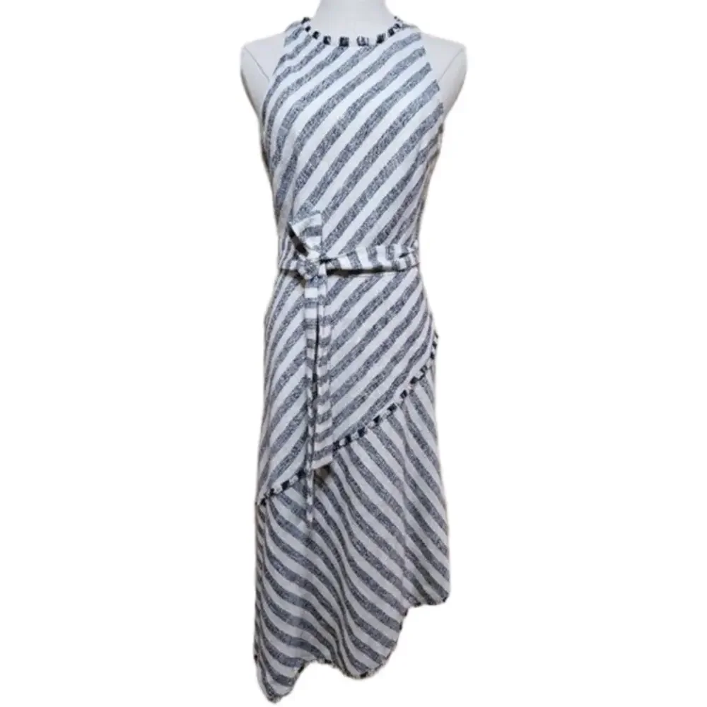 Banana Republic Tweed Tassle Asymmetrical Hem Belted Blue/Cream Stripe Dress 2 - Picture 1 of 7